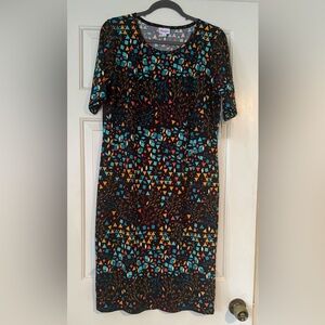 LuLaRoe “Julia” Colorful Dress Dark Blue Stretch Knee Length Comfy Casual NWT